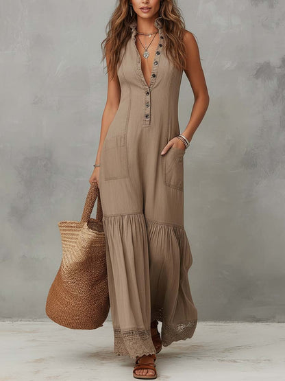 Vestito maxi kaki in cotone – vista laterale