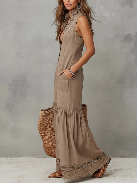 Vestito maxi kaki in cotone – dettaglio