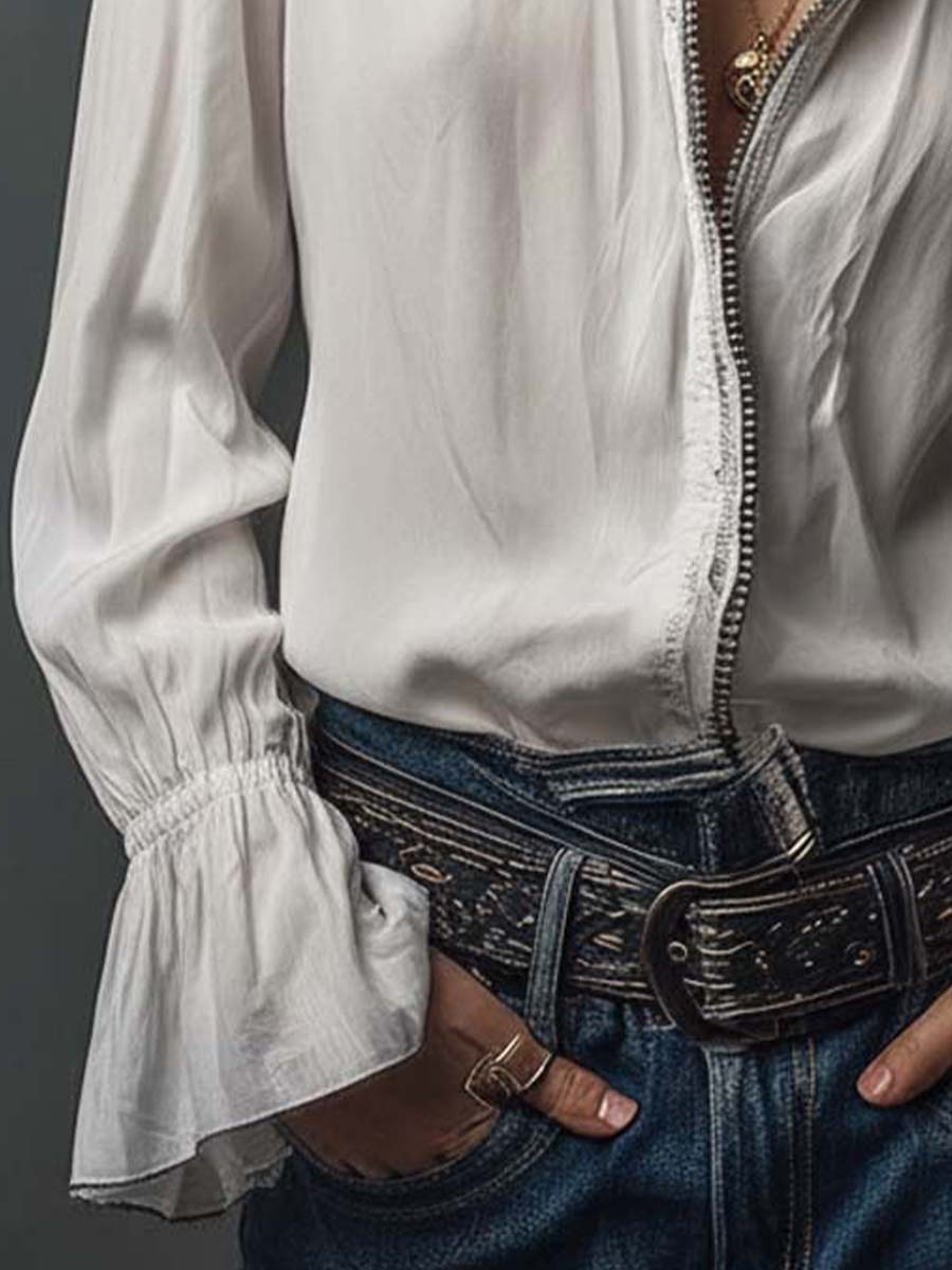 Blusa con zip sul davanti e polsini con volant – dettaglio 6