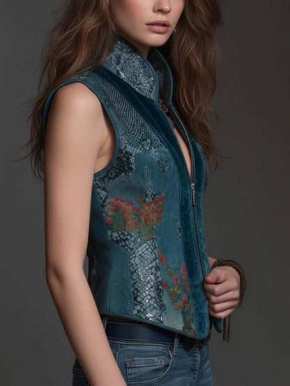 Top gilet in velluto blu petrolio – dettaglio 3