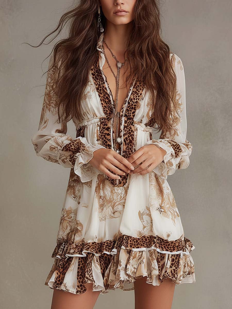 Abito mini crema boho con volant – dettaglio 4