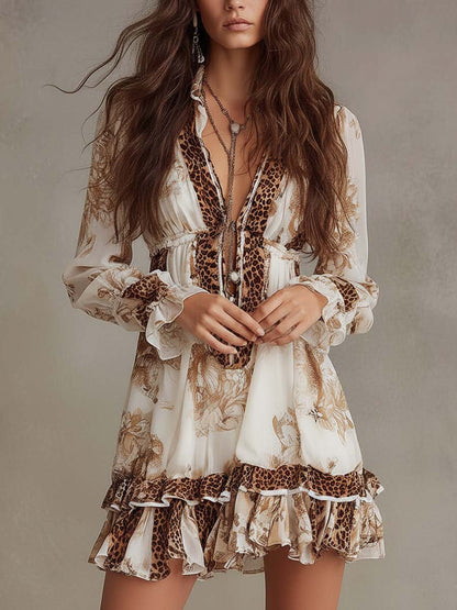 Abito mini crema boho con volant – dettaglio 4