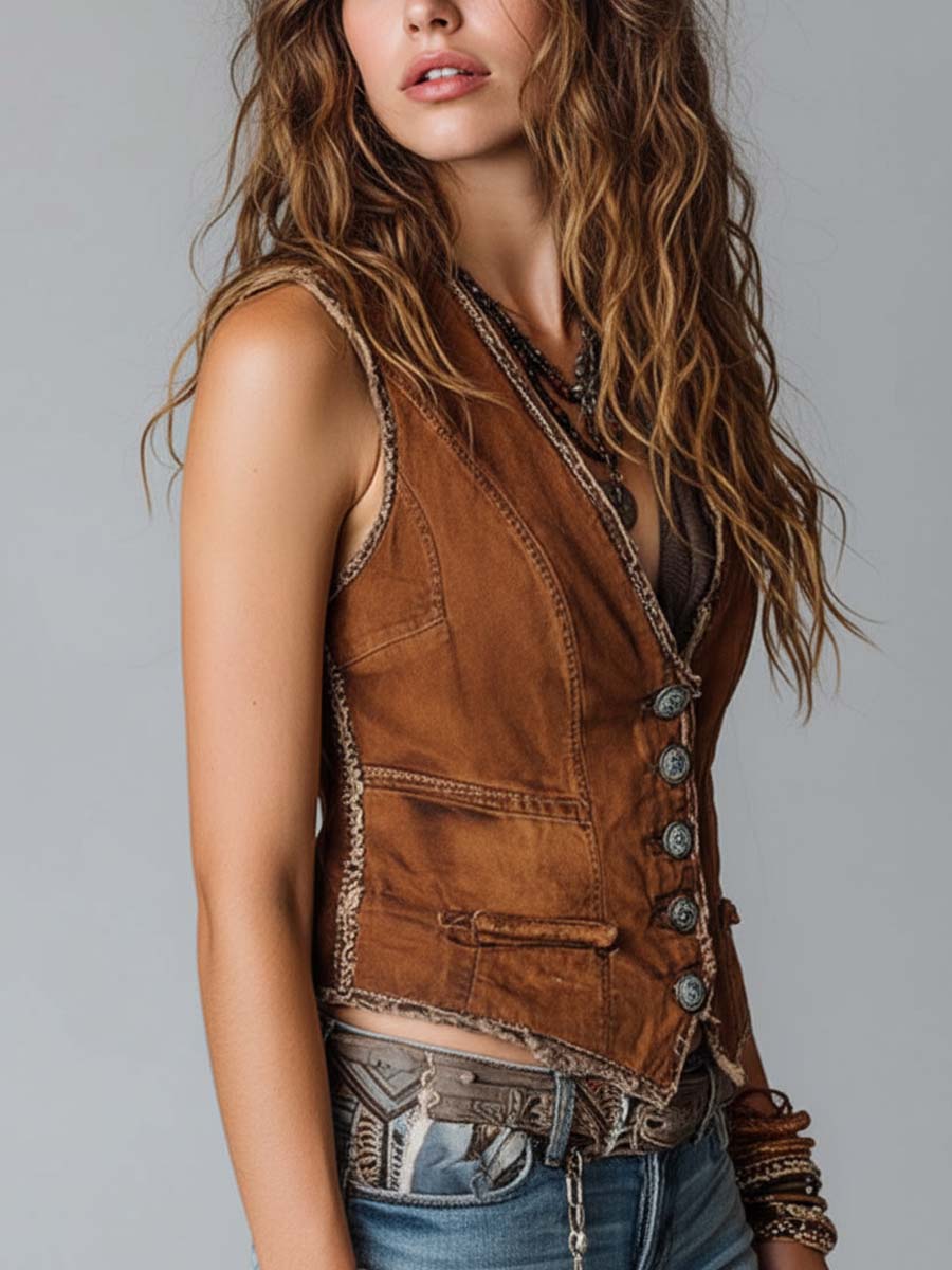Gilet in denim color caramello lavato – dettaglio 2