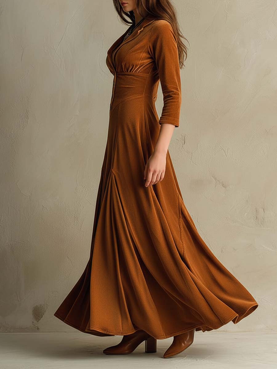 Vestito lungo in velluto caramello – look completo