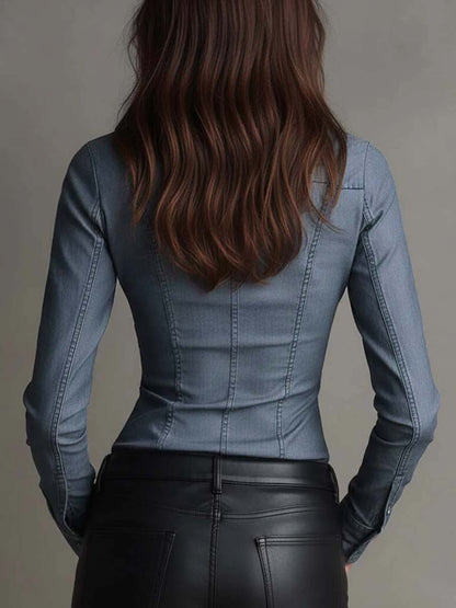 Camicia aderente in denim Tencel indaco – dettaglio 3