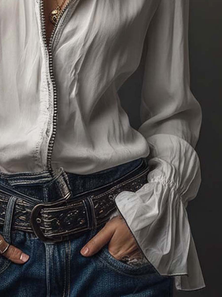 Blusa con zip sul davanti e polsini con volant – dettaglio 10