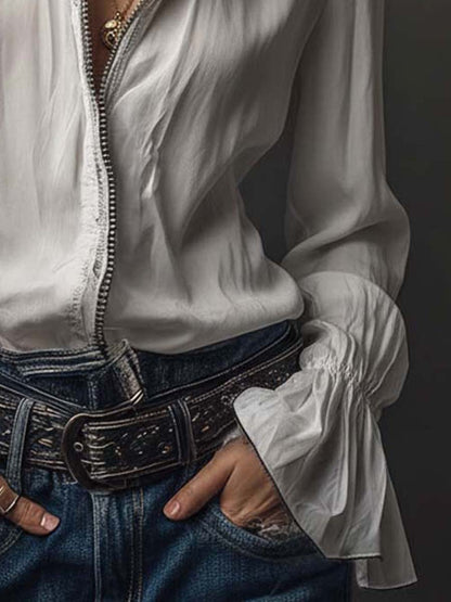 Blusa con zip sul davanti e polsini con volant – dettaglio 10