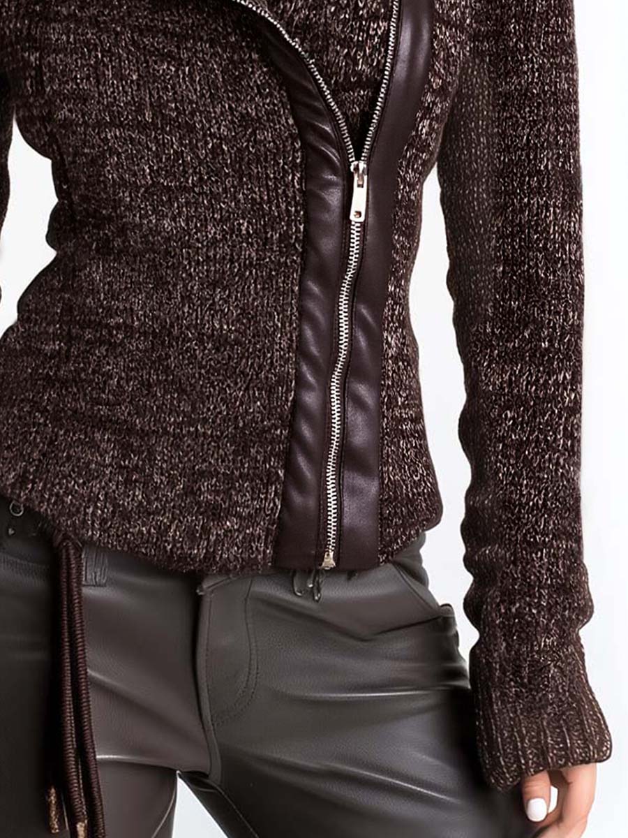 Giacca in maglia marrone con zip asimmetrica – dettaglio 5