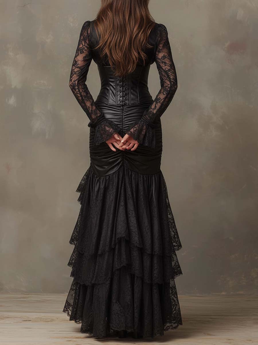 Vestito lungo nero in ecopelle con corsetto – look completo