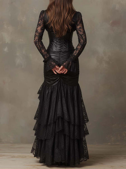 Vestito lungo nero in ecopelle con corsetto – look completo