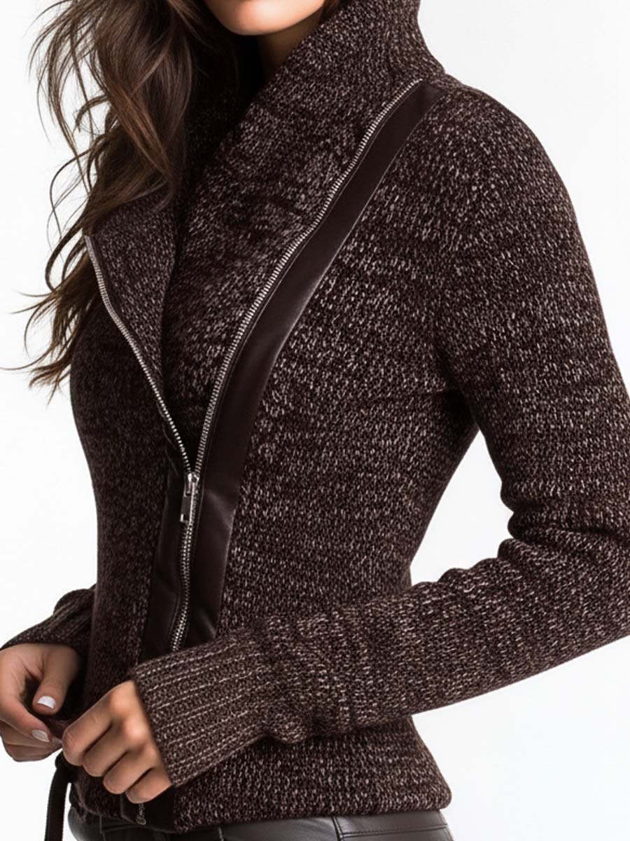 Giacca in maglia marrone con zip asimmetrica – dettaglio 3