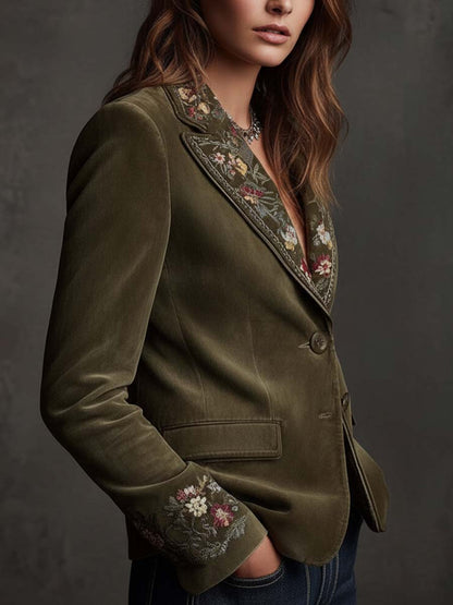 Blazer in velluto verde oliva ricamato – dettaglio 2
