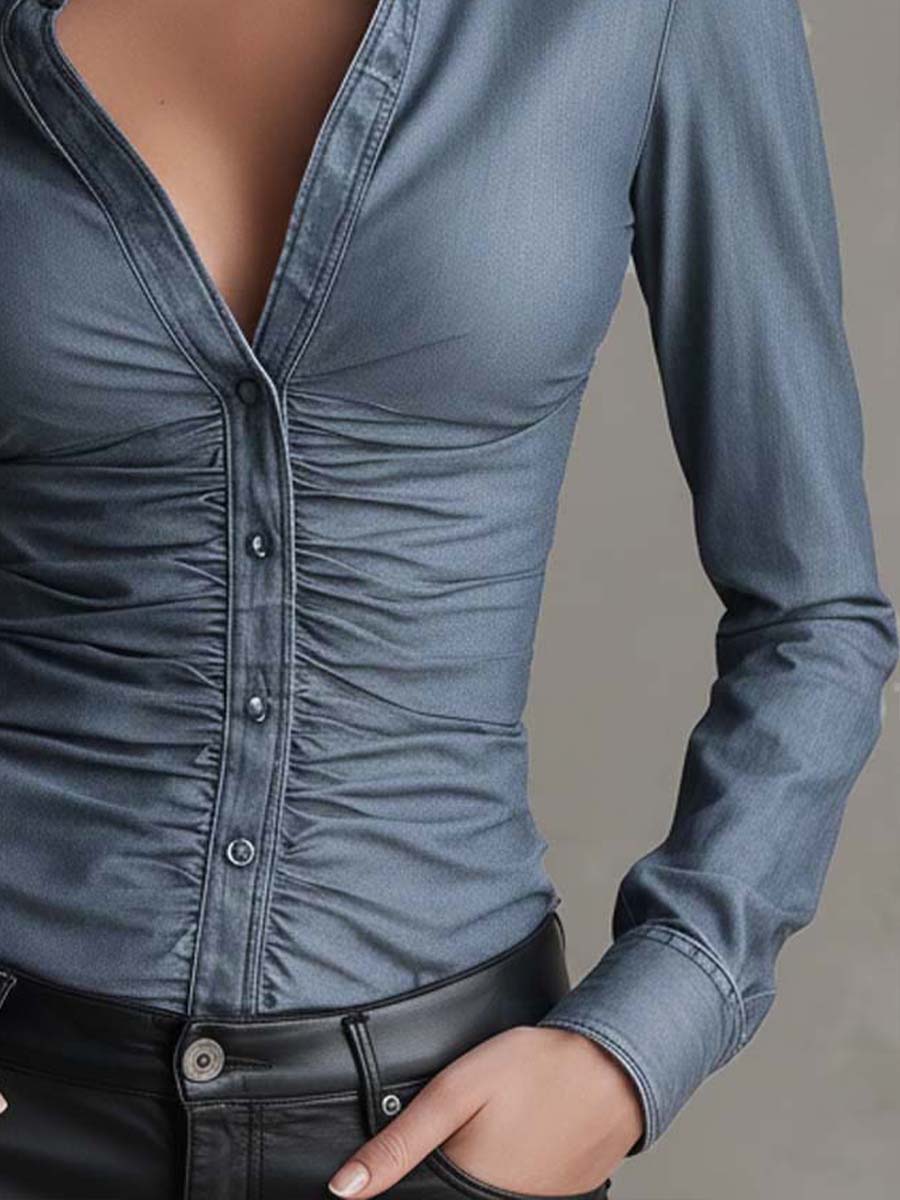 Camicia aderente in denim Tencel indaco – dettaglio 6