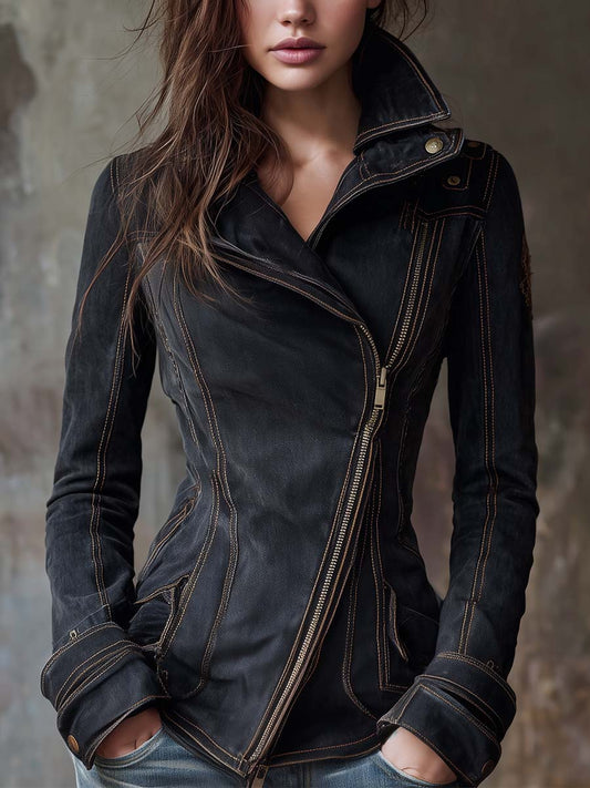 Giacca biker in denim antracite lavato – vista frontale