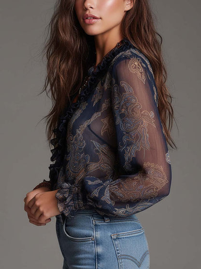 Blusa in chiffon blu navy paisley – vista 3