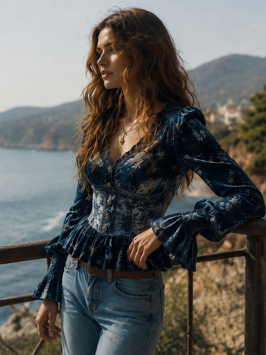 Blusa in velluto blu con stampa floreale – dettaglio 2