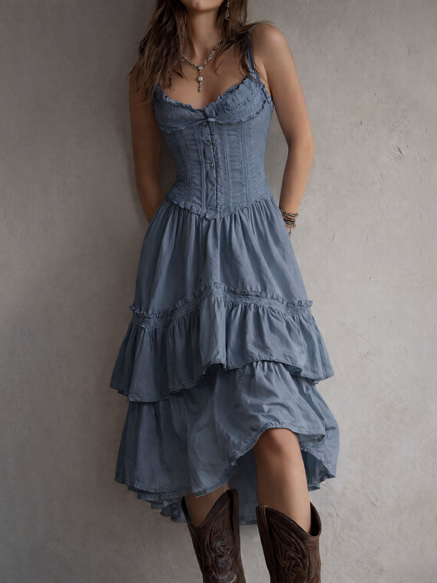 Abito midi boho con corsetto e volant – dettaglio 3