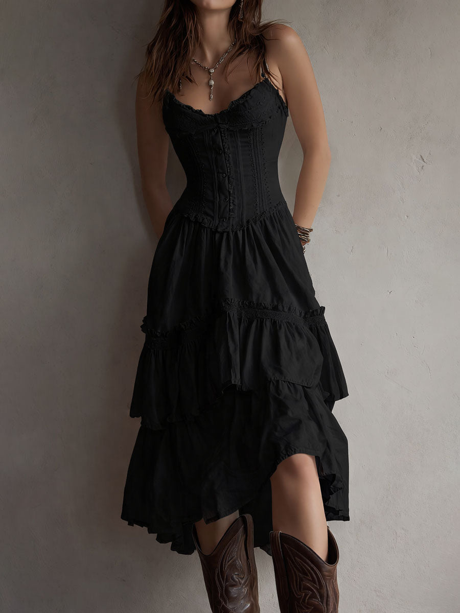Abito midi boho con corsetto e volant – dettaglio 2