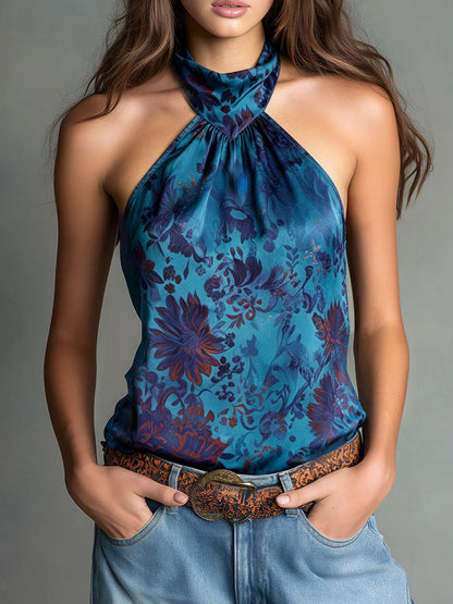 Camicetta halter in raso verde petrolio – vista frontale