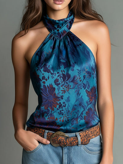 Camicetta halter in raso verde petrolio – look completo
