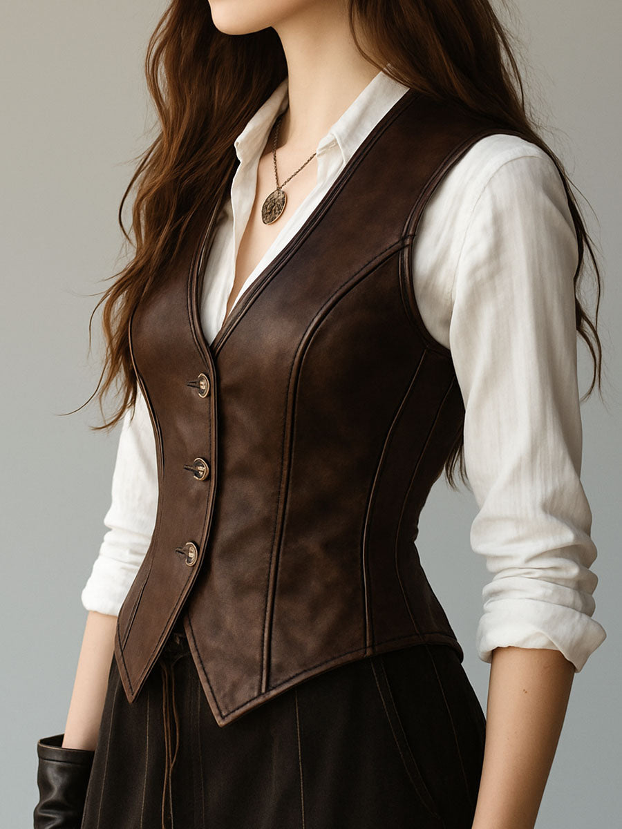 Gilet in pelle marrone – vista laterale