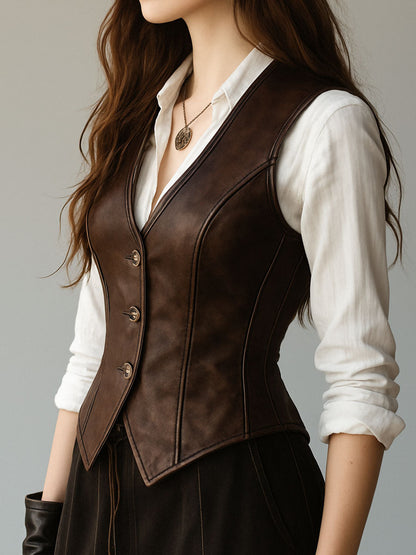Gilet in pelle marrone – vista laterale