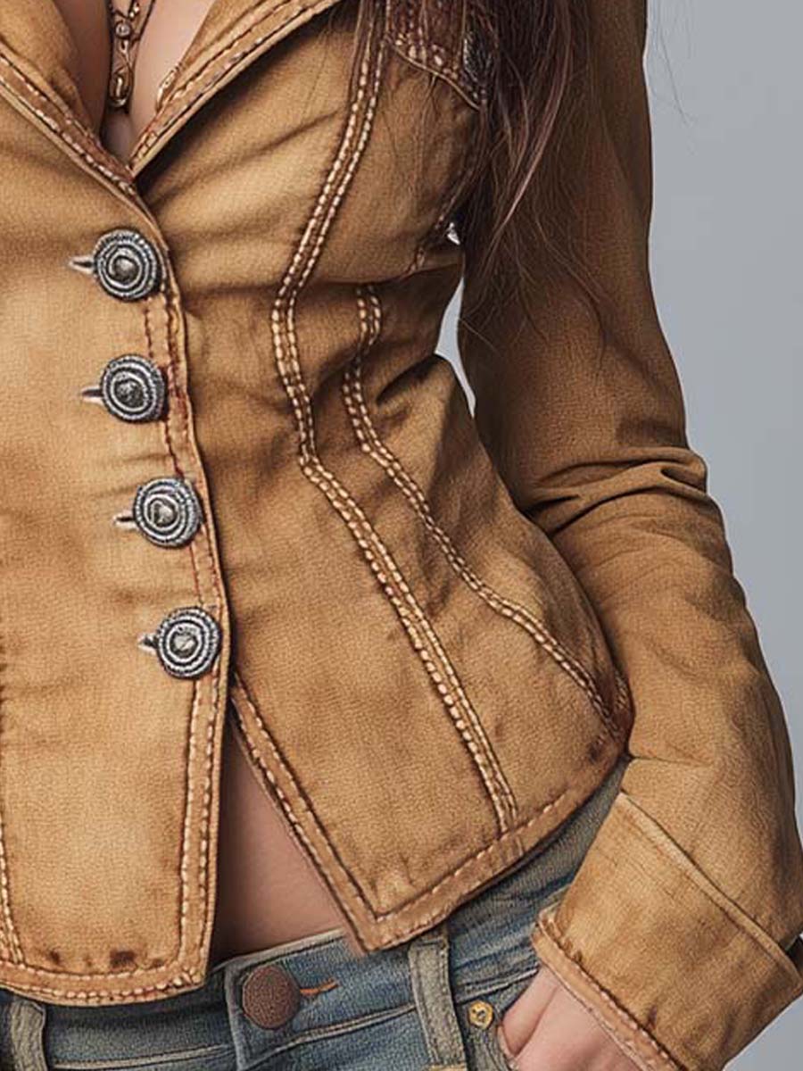 Giacca sciancrata in denim kaki vintage – dettaglio 8