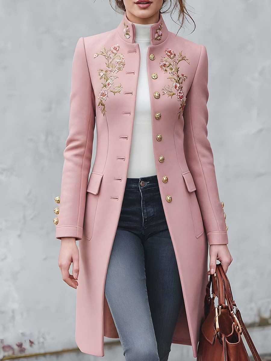 Cappotto in misto lana rosa antico con ricami metallici – vista frontale