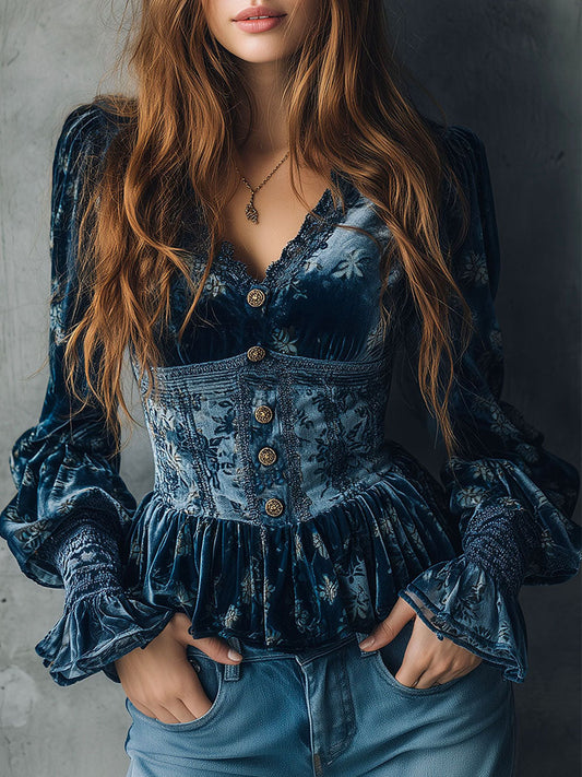 Blusa in velluto blu con stampa floreale – vista frontale