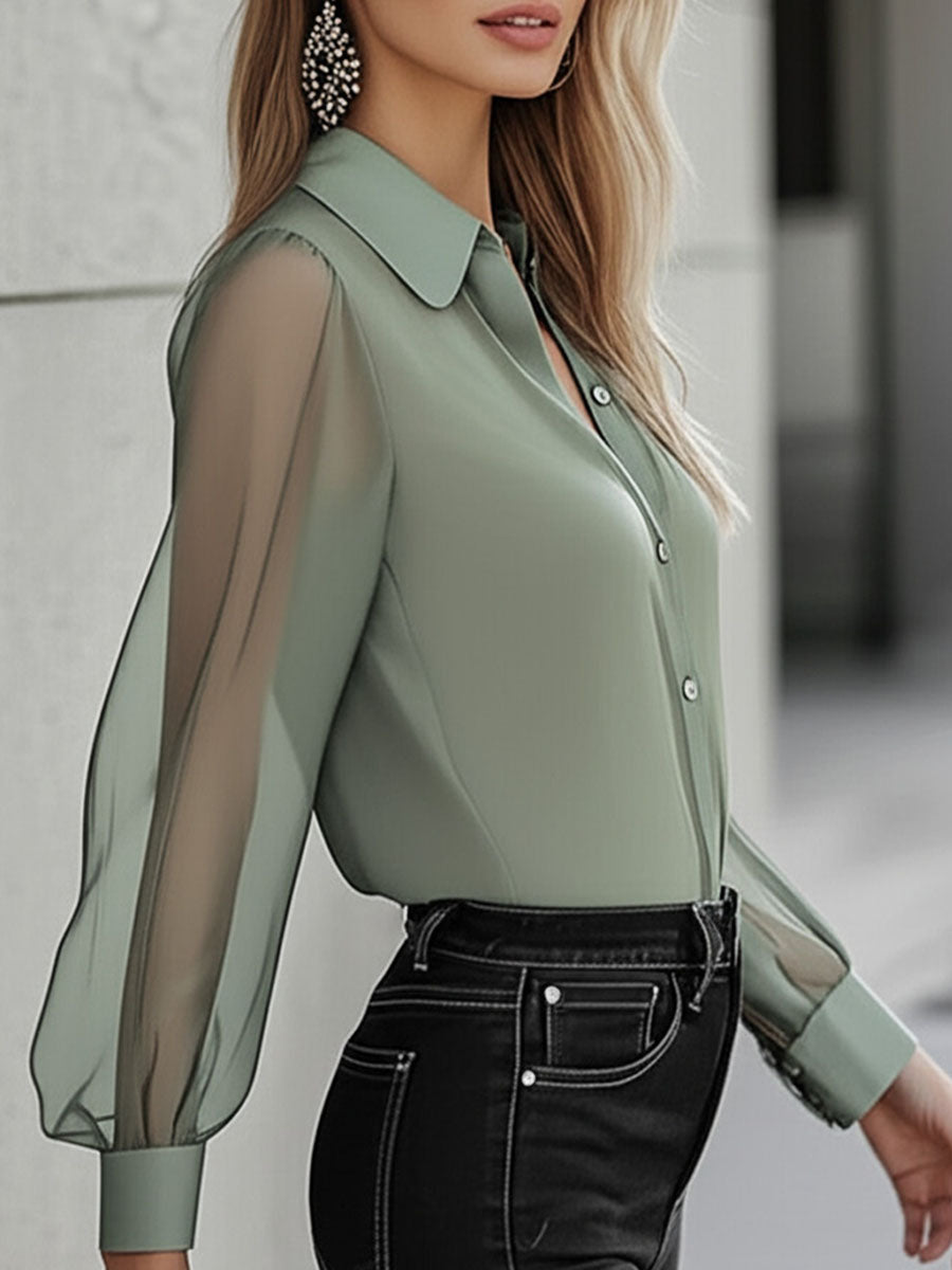 Camicia verde salvia con maniche trasparenti – dettaglio 3