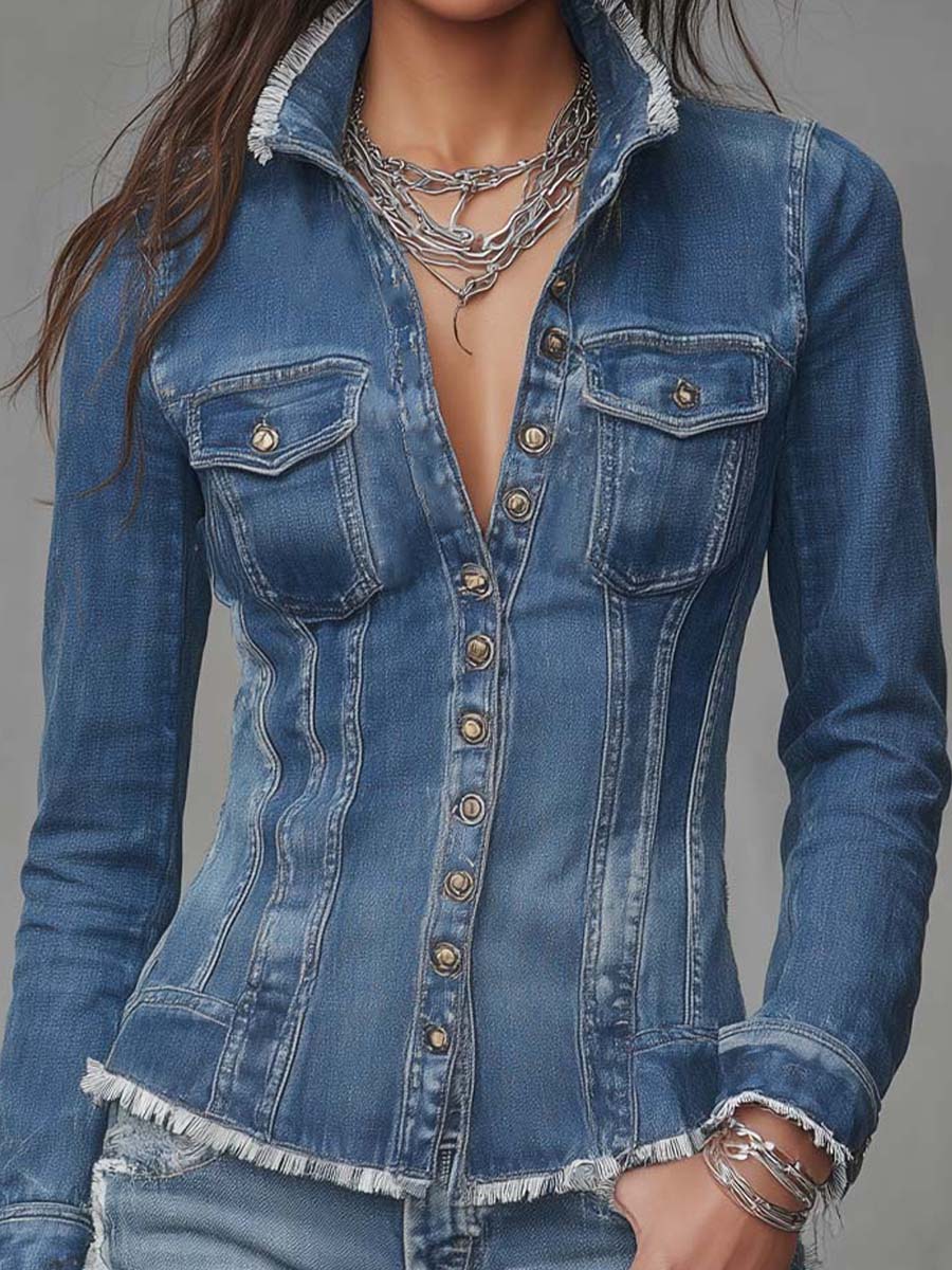 Giacca camicia in denim blu – vista 4