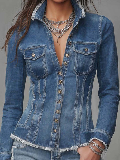 Giacca camicia in denim blu – vista 4