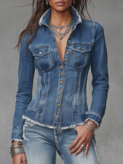 Giacca camicia in denim blu – vista frontale