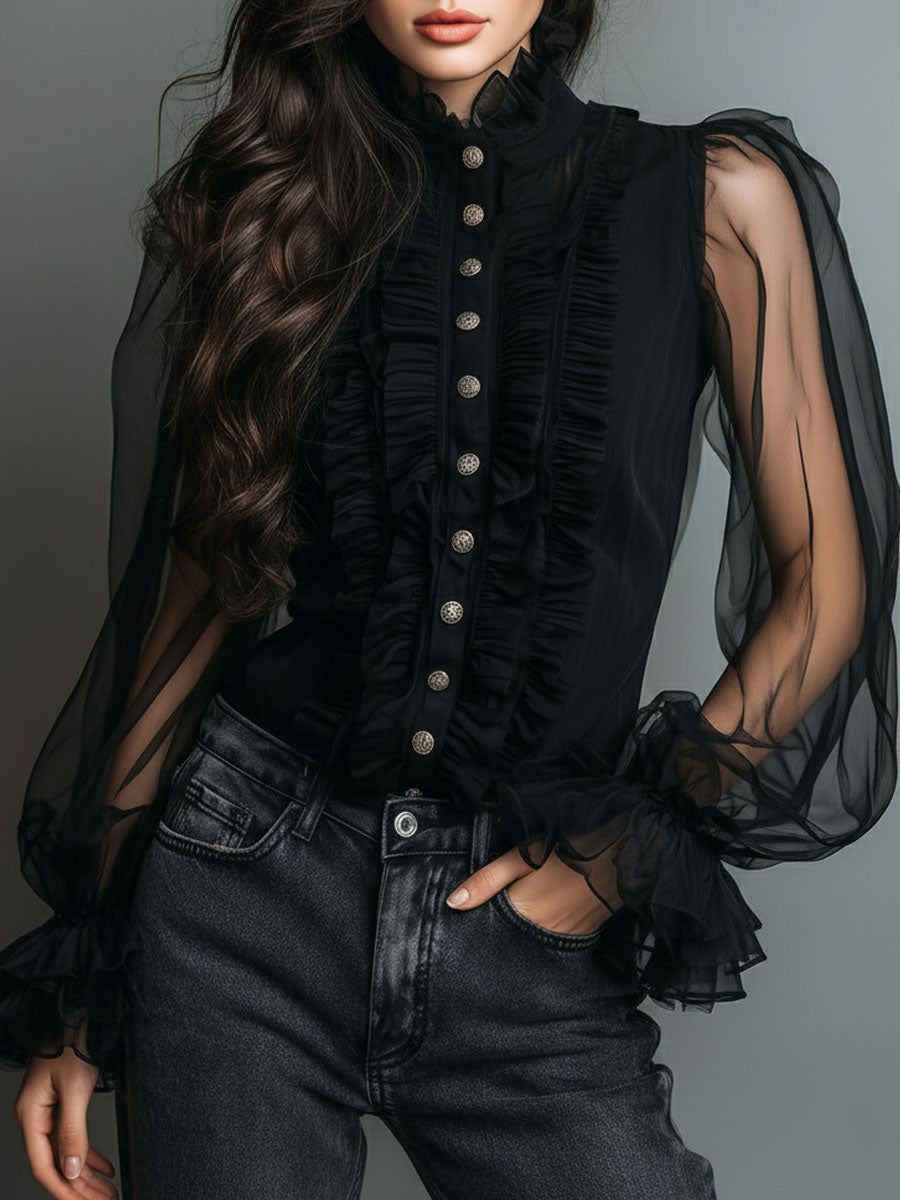 Blusa vintage in organza nera con volant – dettaglio 6