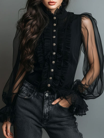 Blusa vintage in organza nera con volant – dettaglio 6