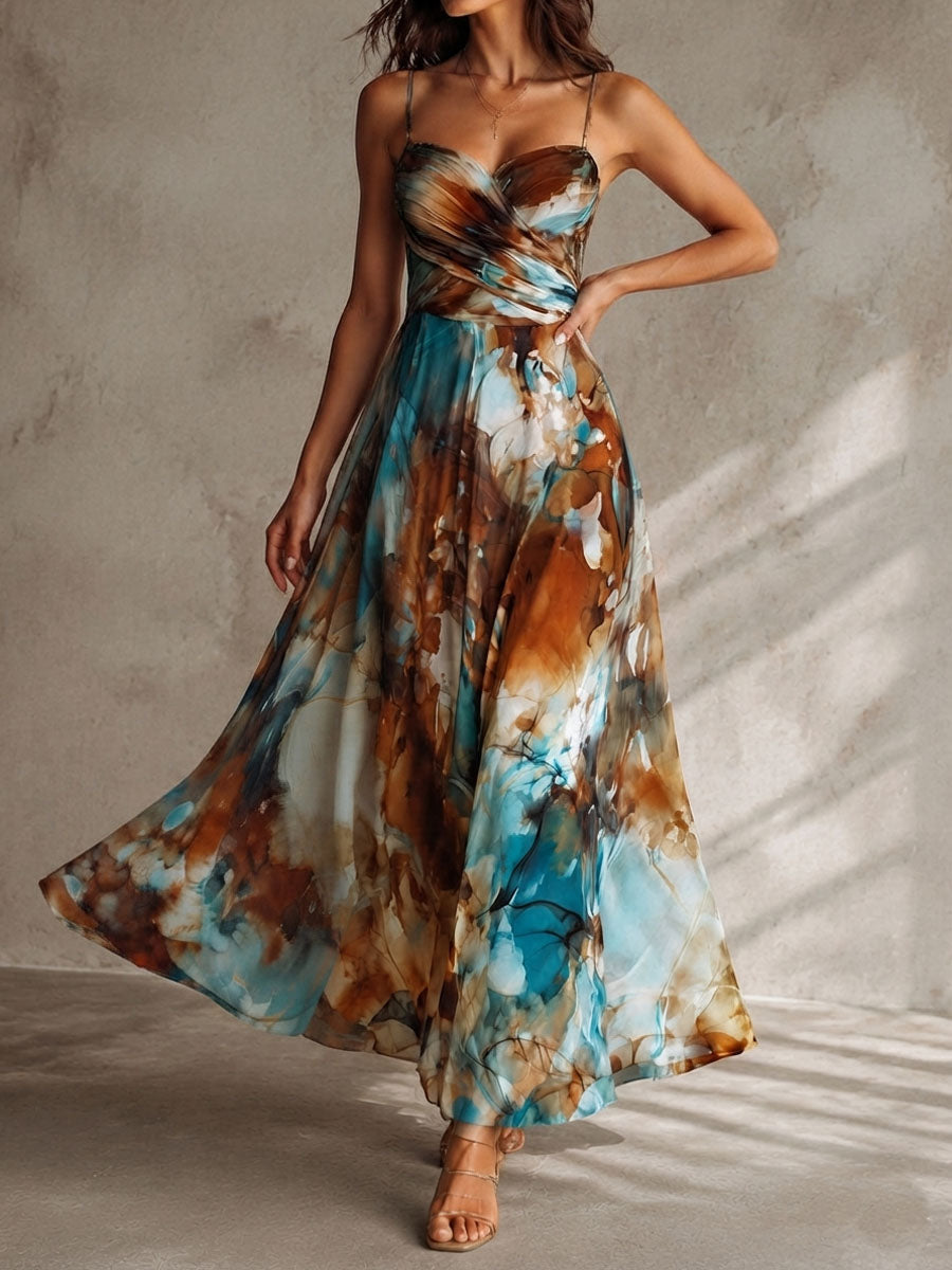 Vestito lungo ambra acquerello – look completo