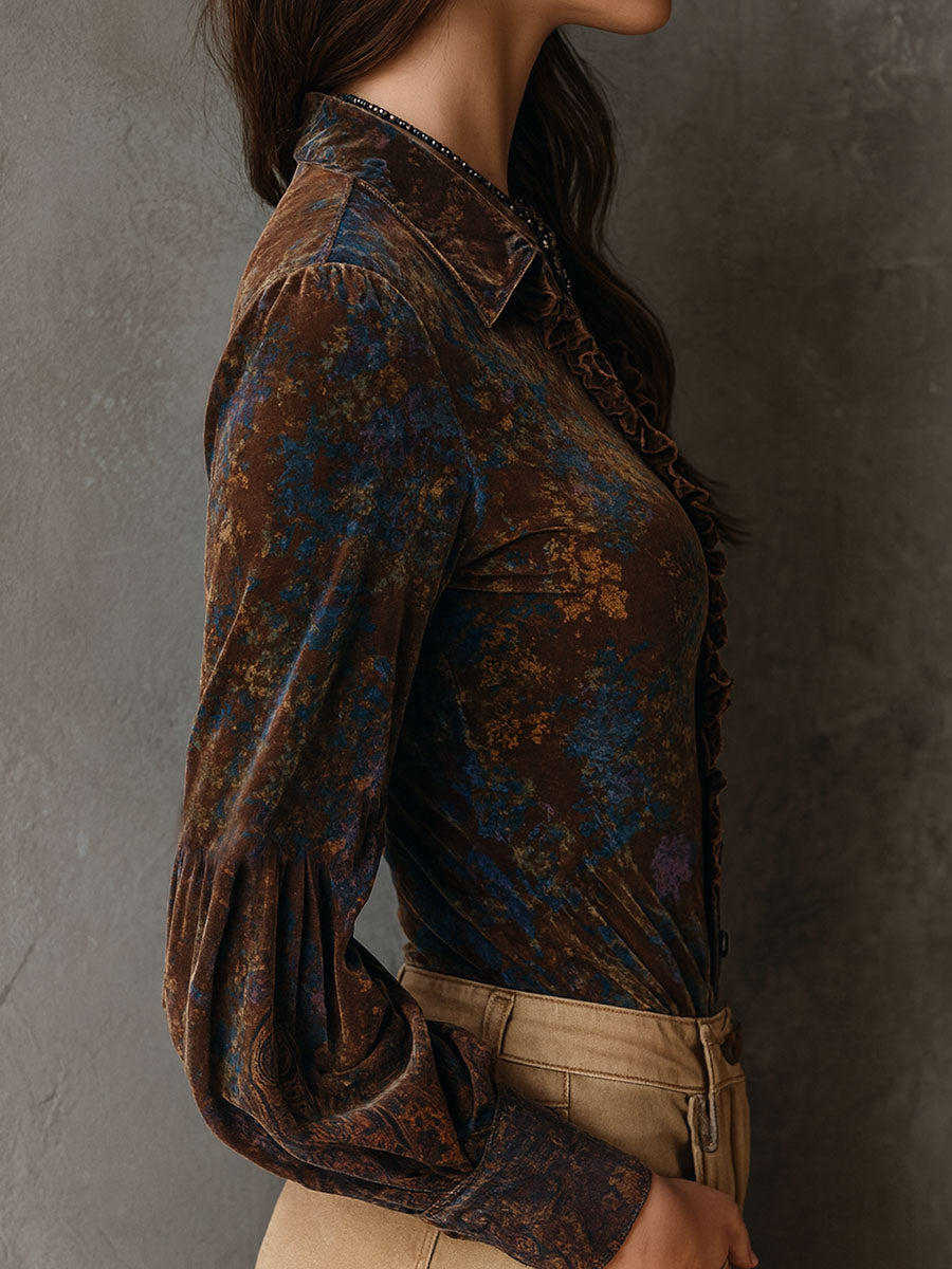 Camicetta boho in velluto marrone a fiori – dettaglio 3