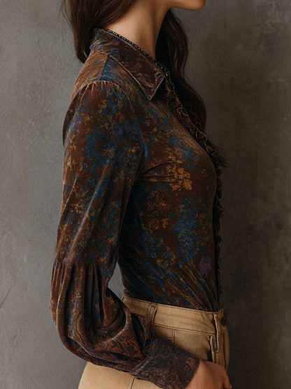 Camicetta boho in velluto marrone a fiori – dettaglio 3