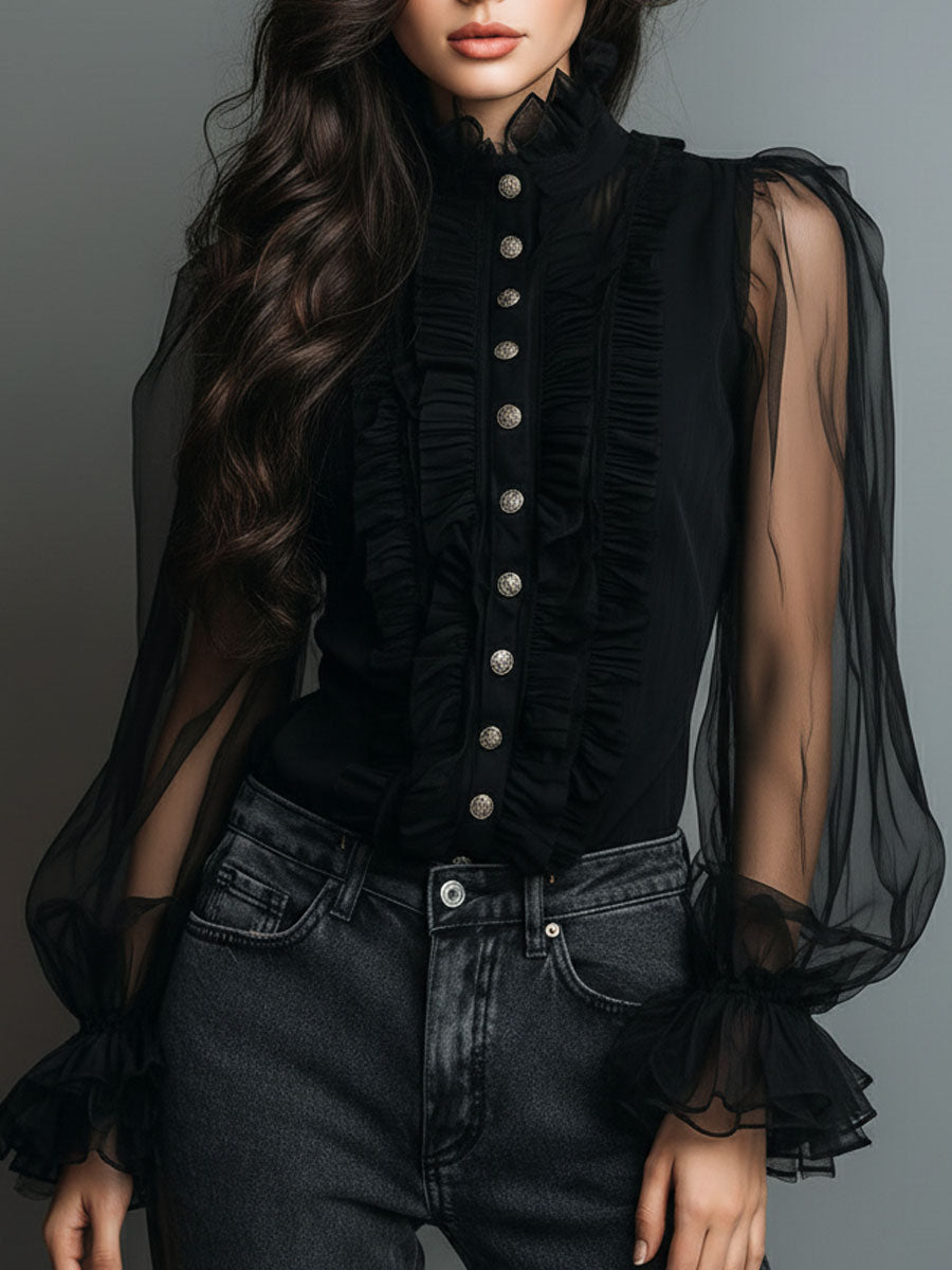 Blusa vintage in organza nera con volant – dettaglio 5