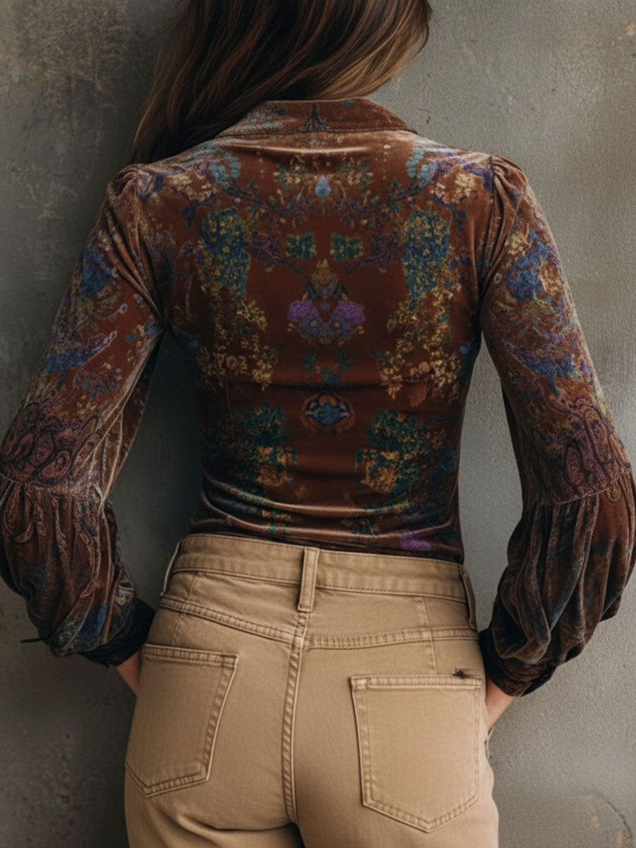 Camicetta boho in velluto marrone a fiori – dettaglio 4