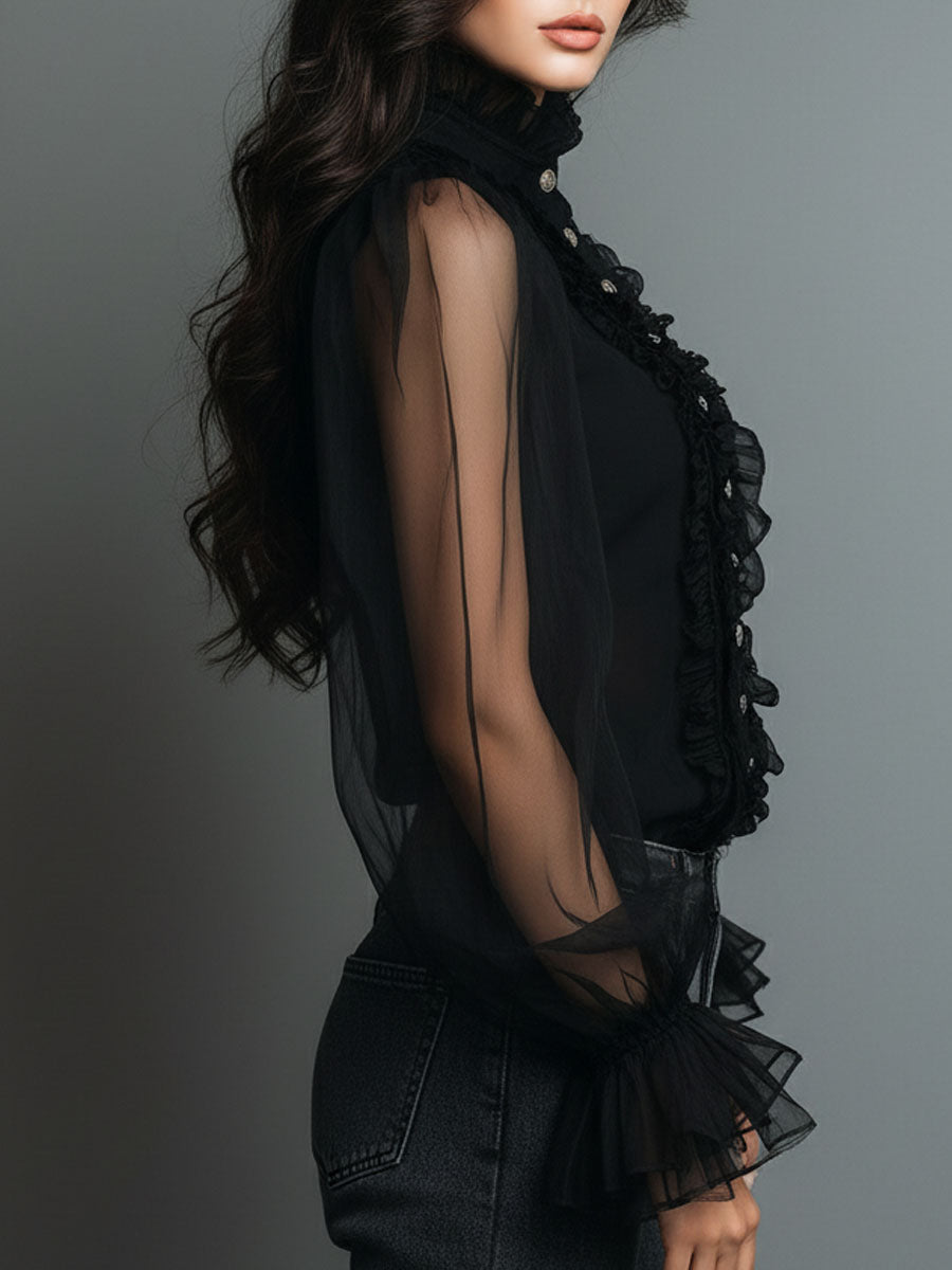 Blusa vintage in organza nera con volant – dettaglio 4