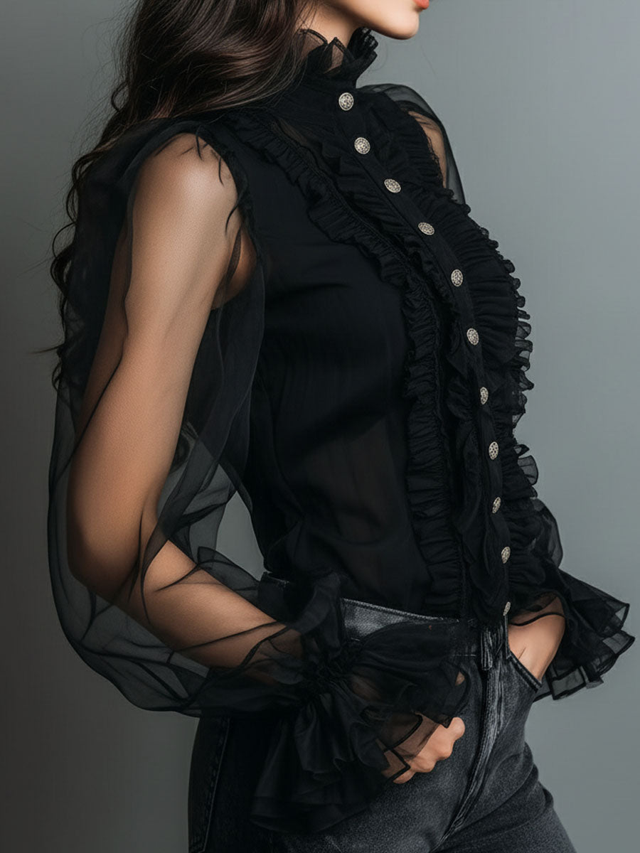 Blusa vintage in organza nera con volant – dettaglio 2
