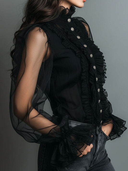 Blusa vintage in organza nera con volant – dettaglio 2