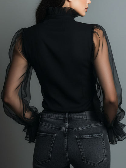 Blusa vintage in organza nera con volant – dettaglio 3
