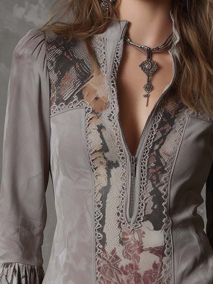 Blusa patchwork in ecocamoscio con pizzo – dettaglio 4