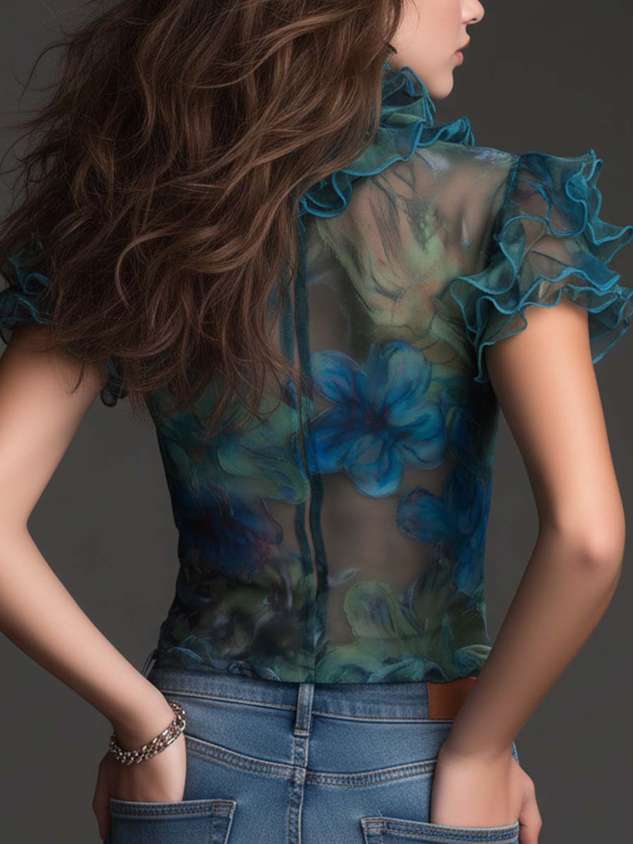 Top in rete boho trasparente floreale blu – vista laterale