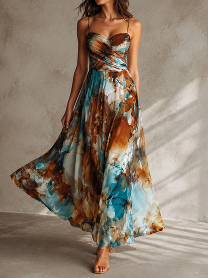 Vestito lungo ambra acquerello – vista frontale