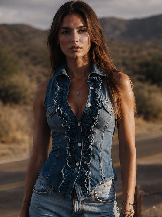 Gilet in denim blu vintage con volant – vista posteriore