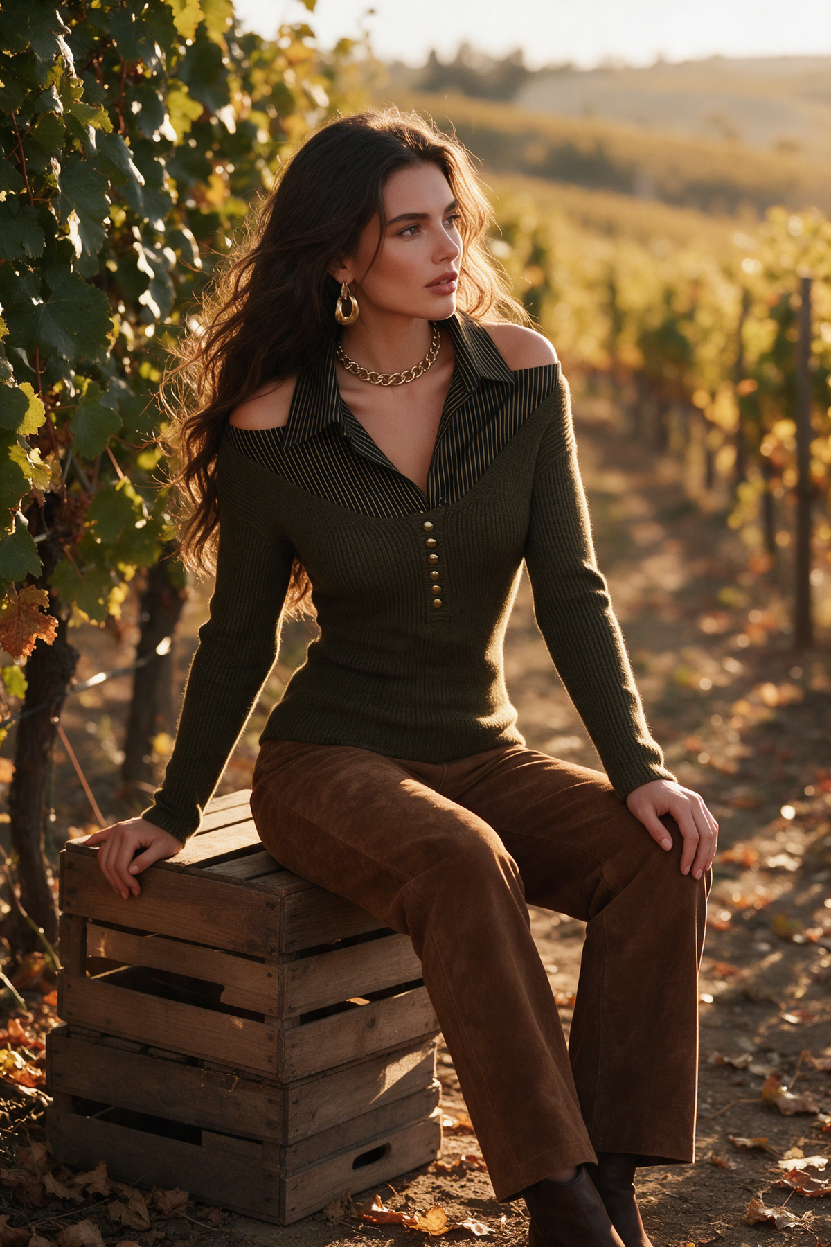 Maglione a spalle scoperte verde oliva – look completo
