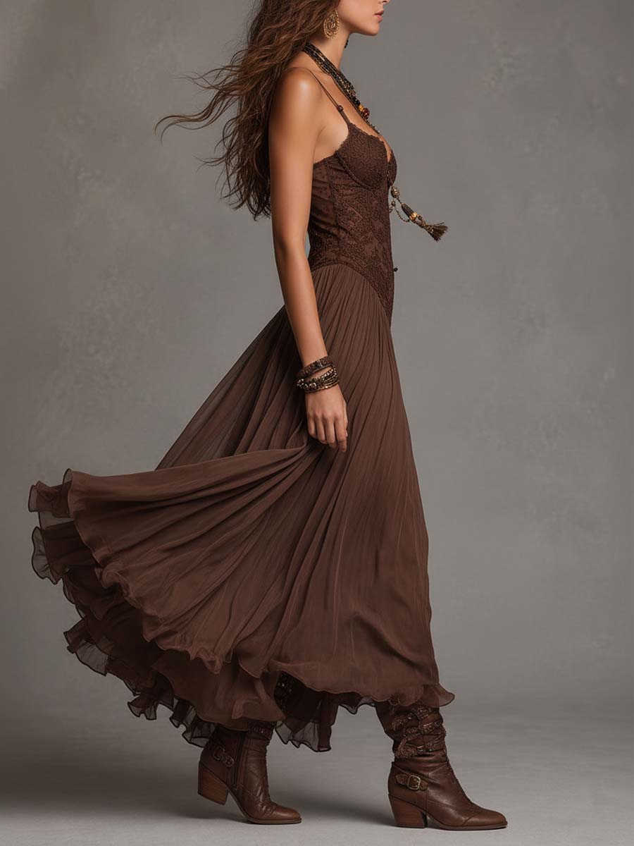 Vestito lungo marrone con corsetto – vista laterale